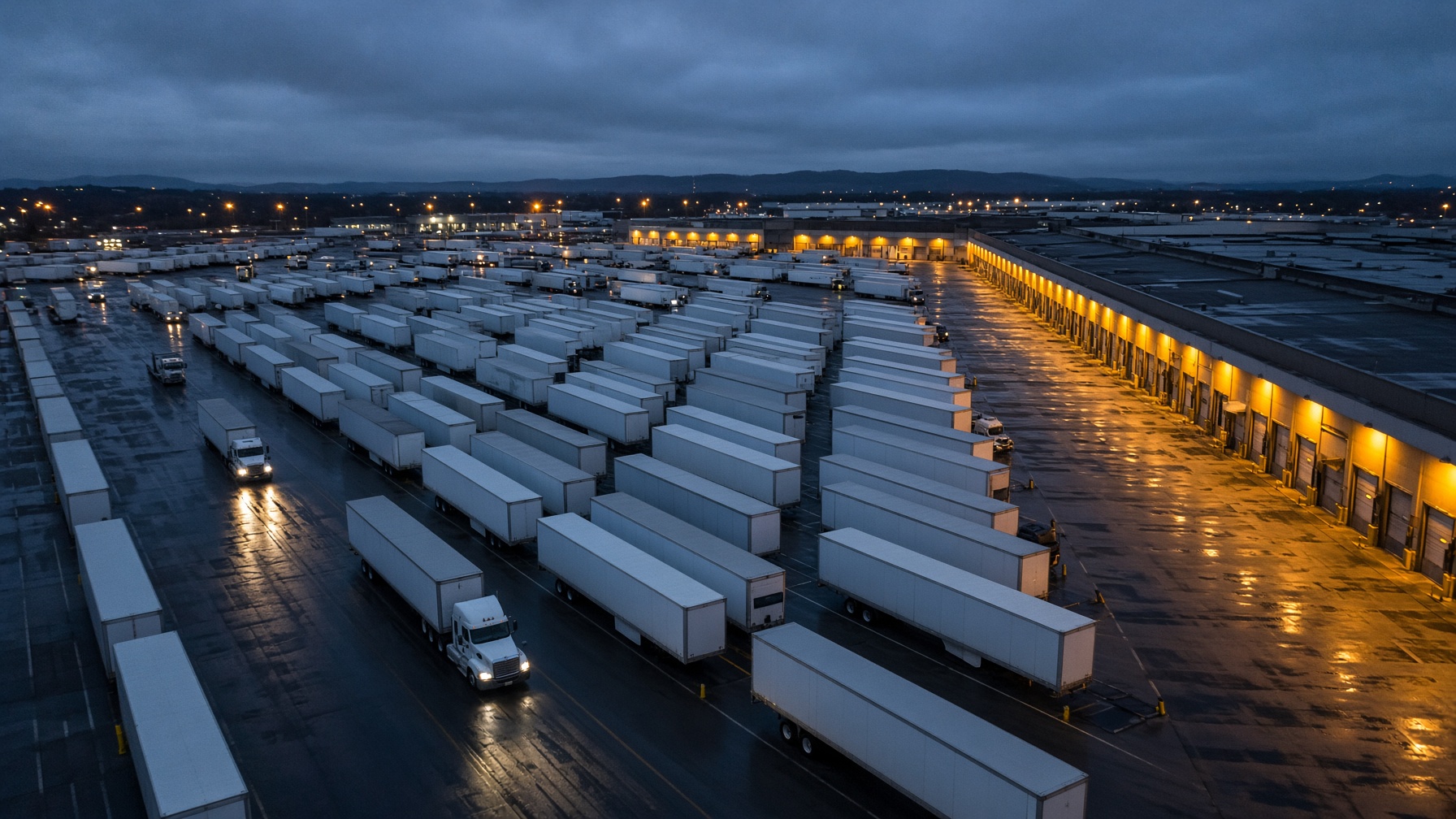 Aerial of a freight yard at blue hour