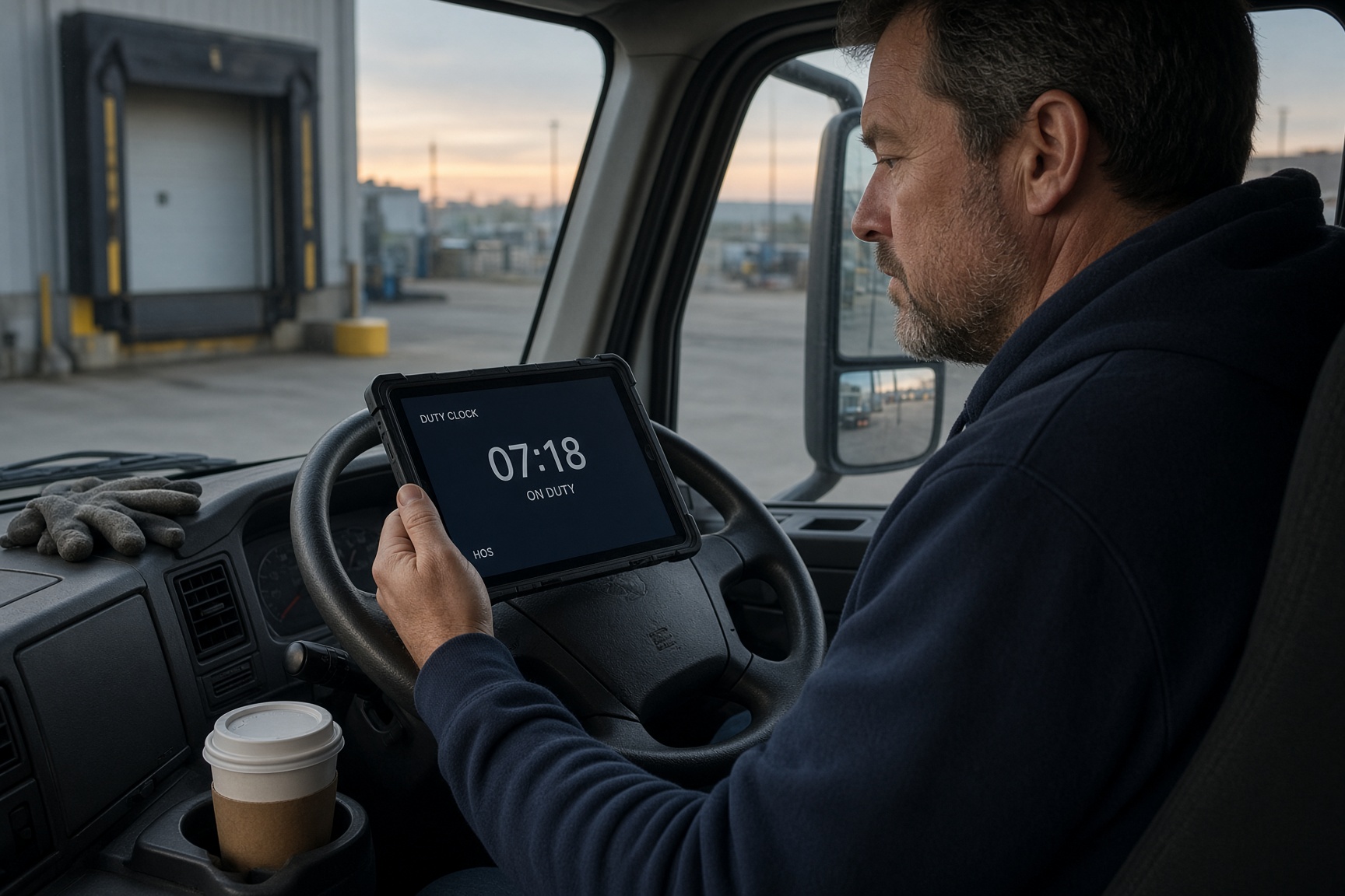 Driver using a tablet in the cab at dawn