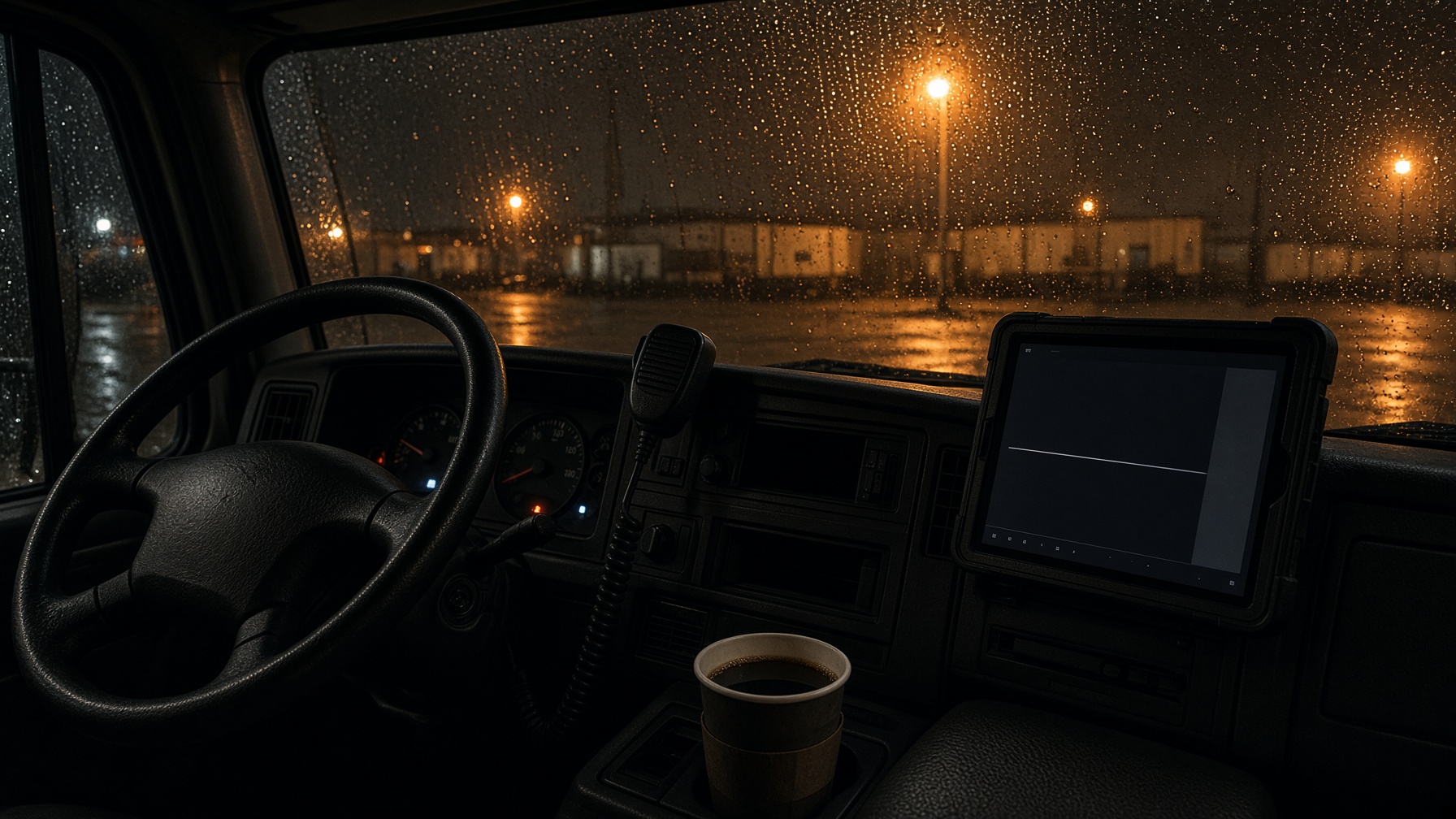 Night cab — radio microphone and tablet, rain on the glass